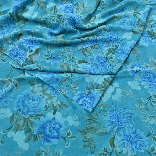 Indian Vintage Sari Sage Turquoise Pure Crepe Silk Printed Saree 6yard Sewing Quilting Floral Soft Craft Fabric Wrap