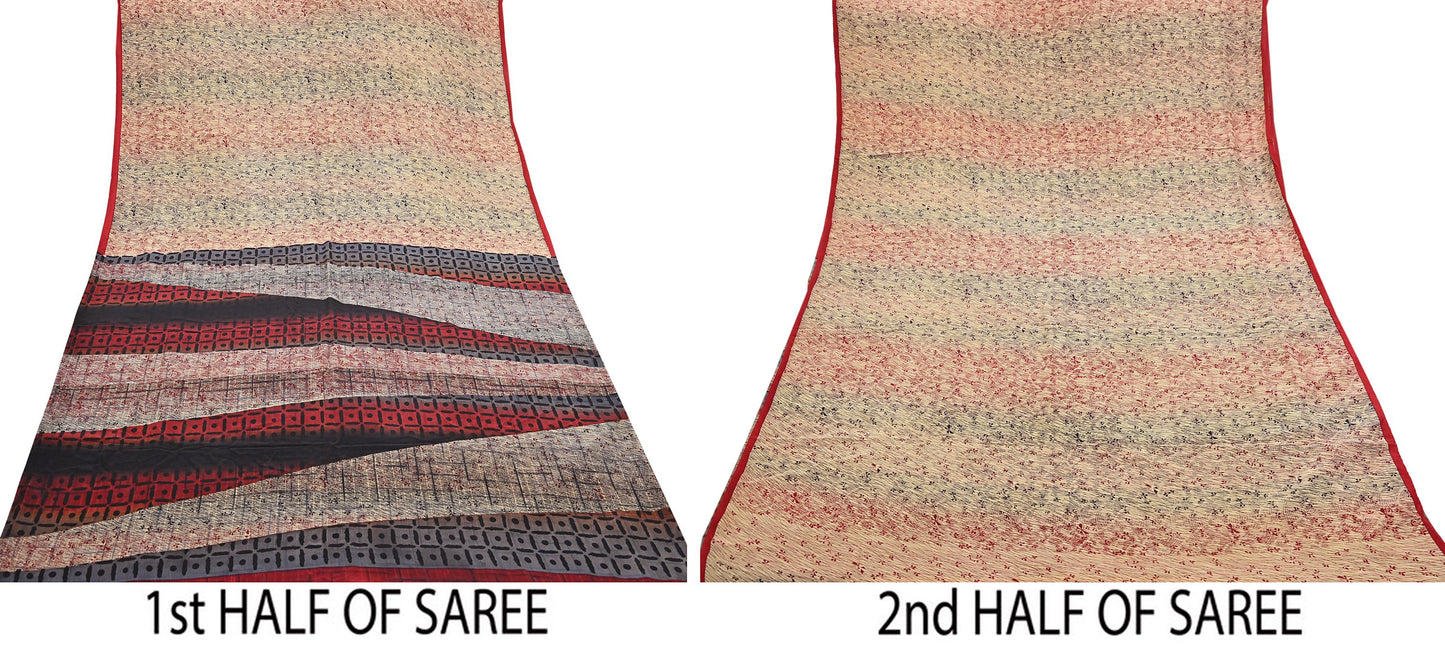 Indian Vintage Sari Beige & Multi Pure Crepe Silk Printed Saree 6yard Sewing Floral Soft Craft Fabric Wrap Crafting Quilting Upcycle