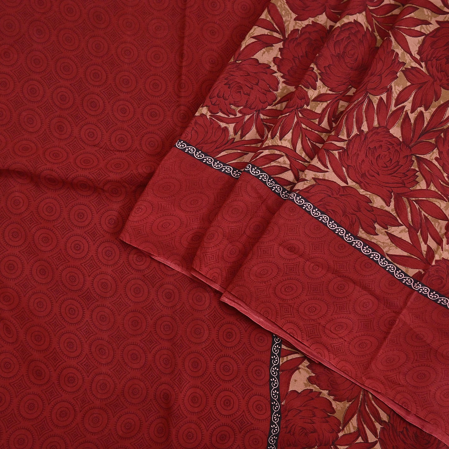 Indian Vintage Sari Red & Brown Pure Crepe Silk Printed Saree 5yard Sewing Quilting Floral Soft Craft Fabric Wrap