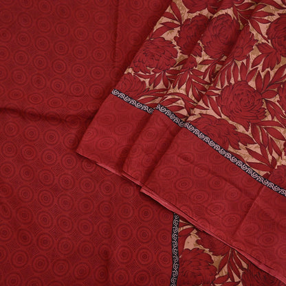 Indian Vintage Sari Red & Brown Pure Crepe Silk Printed Saree 5yard Sewing Quilting Floral Soft Craft Fabric Wrap