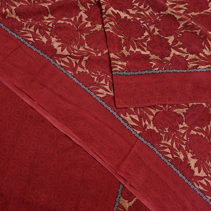 Indian Vintage Sari Red & Brown Pure Crepe Silk Printed Saree 5yard Sewing Quilting Floral Soft Craft Fabric Wrap