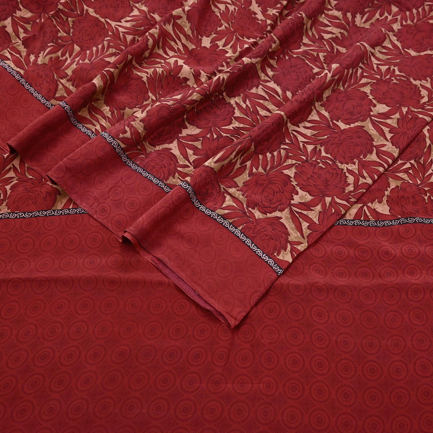 Indian Vintage Sari Red & Brown Pure Crepe Silk Printed Saree 5yard Sewing Quilting Floral Soft Craft Fabric Wrap
