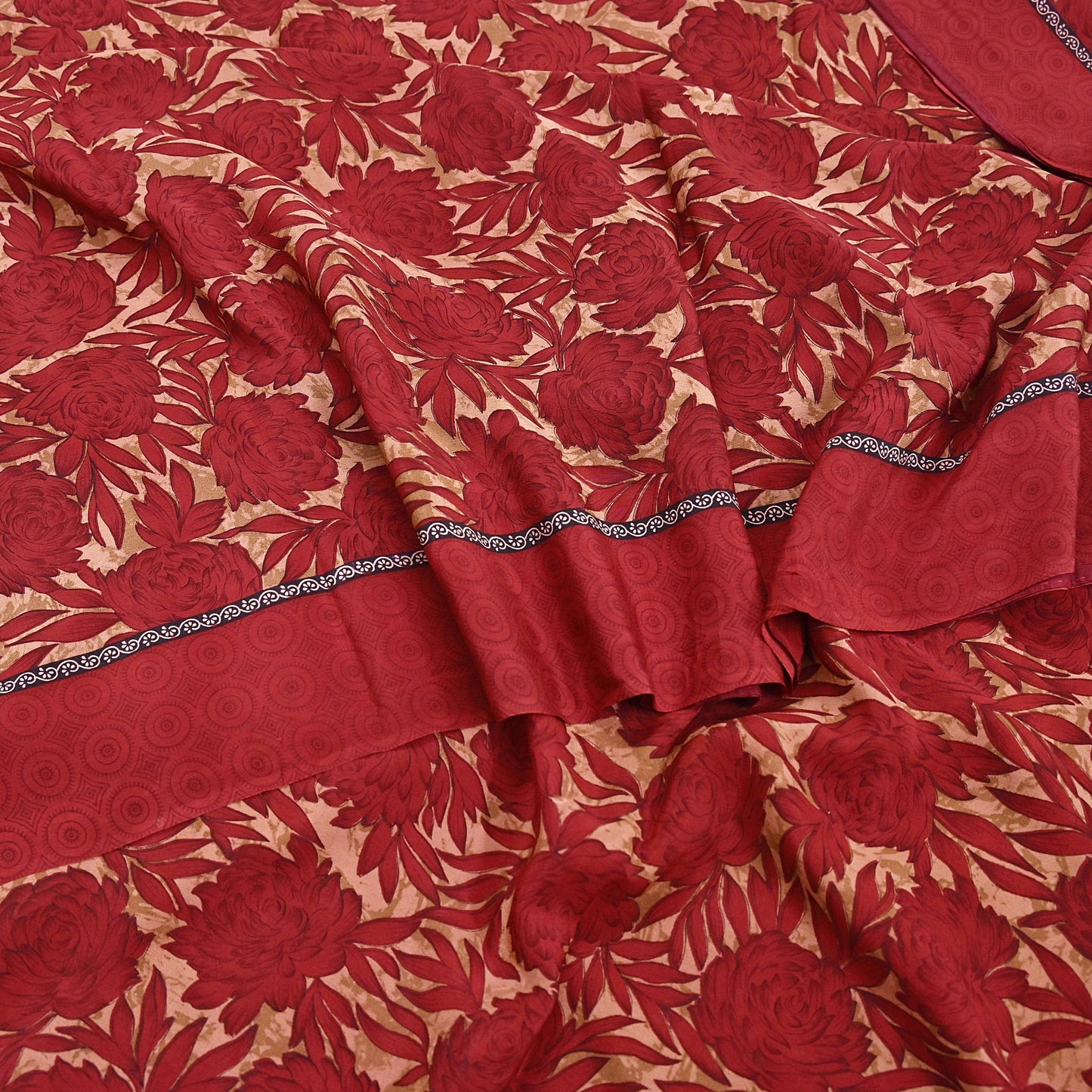 Indian Vintage Sari Red & Brown Pure Crepe Silk Printed Saree 5yard Sewing Quilting Floral Soft Craft Fabric Wrap