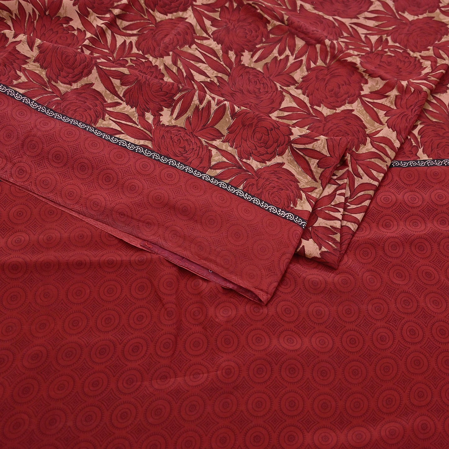 Indian Vintage Sari Red & Brown Pure Crepe Silk Printed Saree 5yard Sewing Quilting Floral Soft Craft Fabric Wrap
