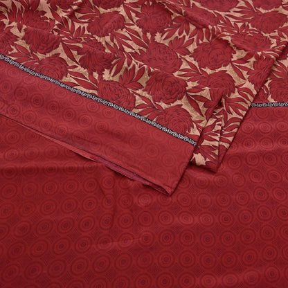 Indian Vintage Sari Red & Brown Pure Crepe Silk Printed Saree 5yard Sewing Quilting Floral Soft Craft Fabric Wrap