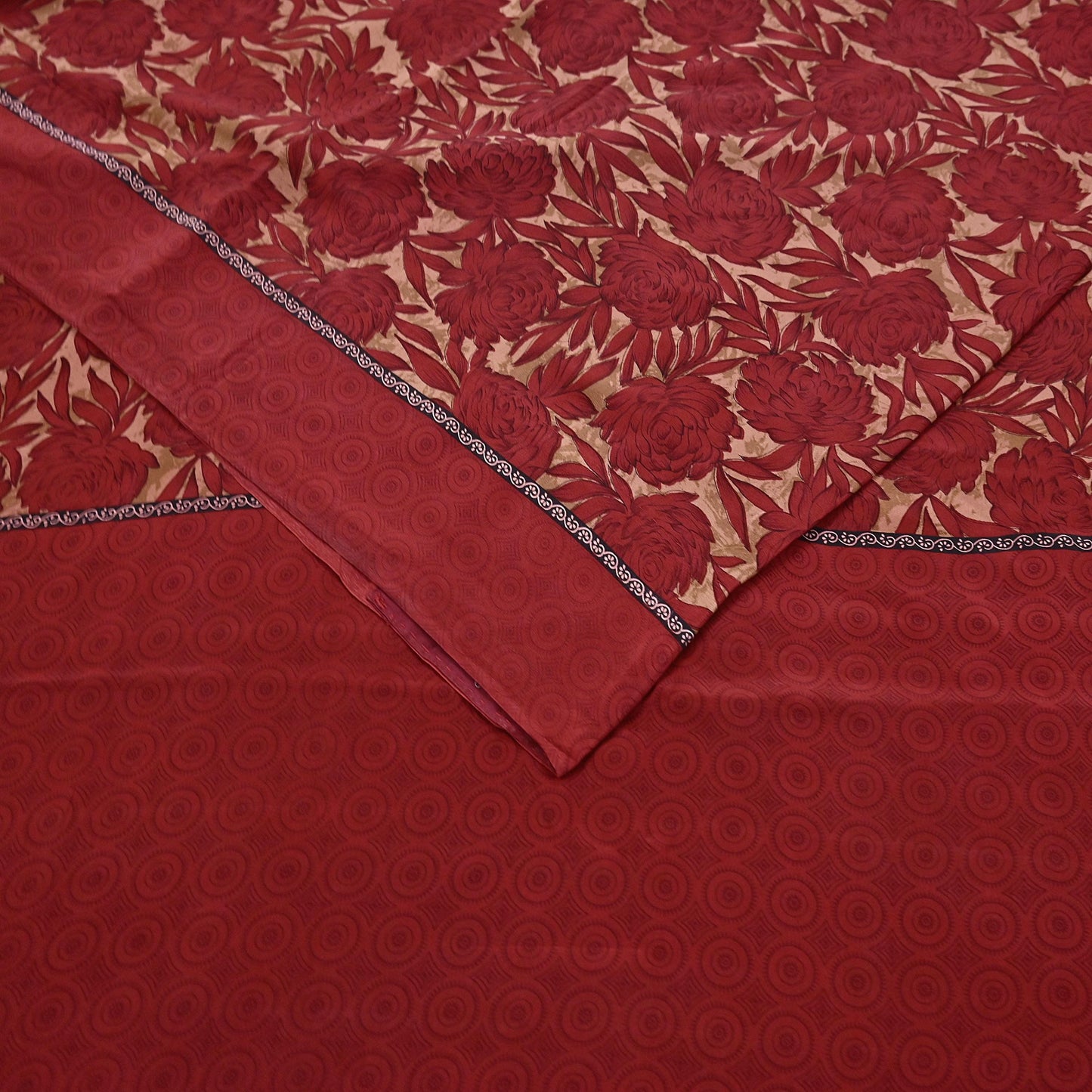 Indian Vintage Sari Red & Brown Pure Crepe Silk Printed Saree 5yard Sewing Quilting Floral Soft Craft Fabric Wrap