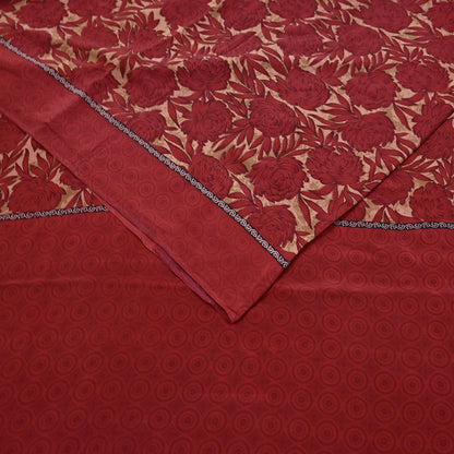 Indian Vintage Sari Red & Brown Pure Crepe Silk Printed Saree 5yard Sewing Quilting Floral Soft Craft Fabric Wrap