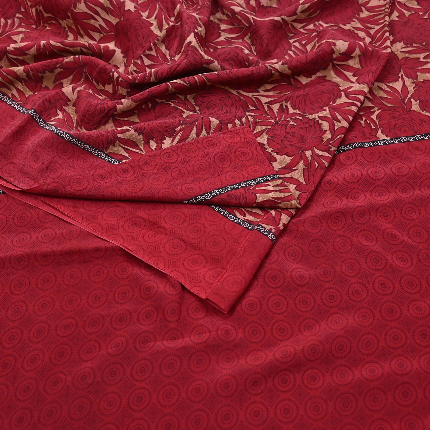 Indian Vintage Sari Red & Brown Pure Crepe Silk Printed Saree 5yard Sewing Quilting Floral Soft Craft Fabric Wrap