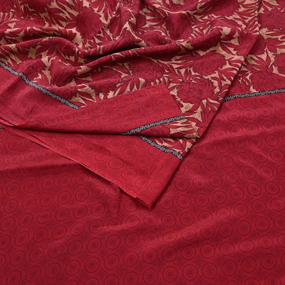 Indian Vintage Sari Red & Brown Pure Crepe Silk Printed Saree 5yard Sewing Quilting Floral Soft Craft Fabric Wrap