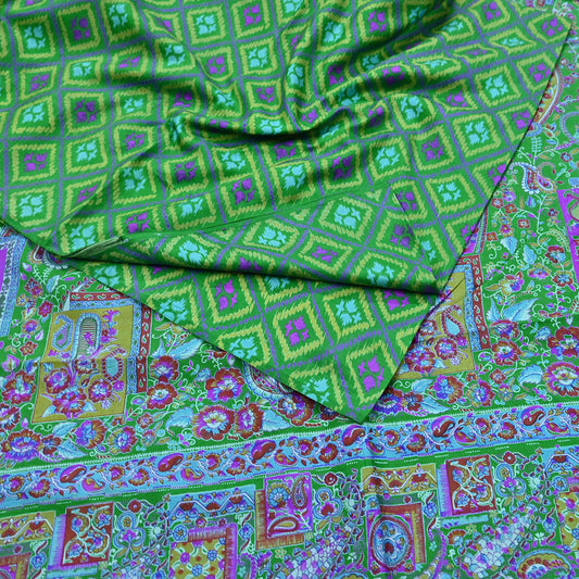 Indian Vintage Sari Green 100% Pure Silk Printed Sarees 5yd Craft Fabric Sewing Soft Dress Making Floral Quilting Crafting Upcycle