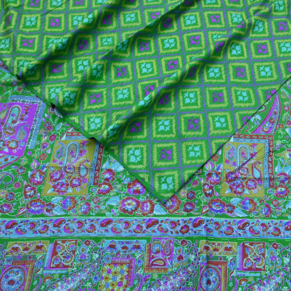 Indian Vintage Sari Green 100% Pure Silk Printed Sarees 5yd Craft Fabric Sewing Soft Dress Making Floral Quilting Crafting Upcycle
