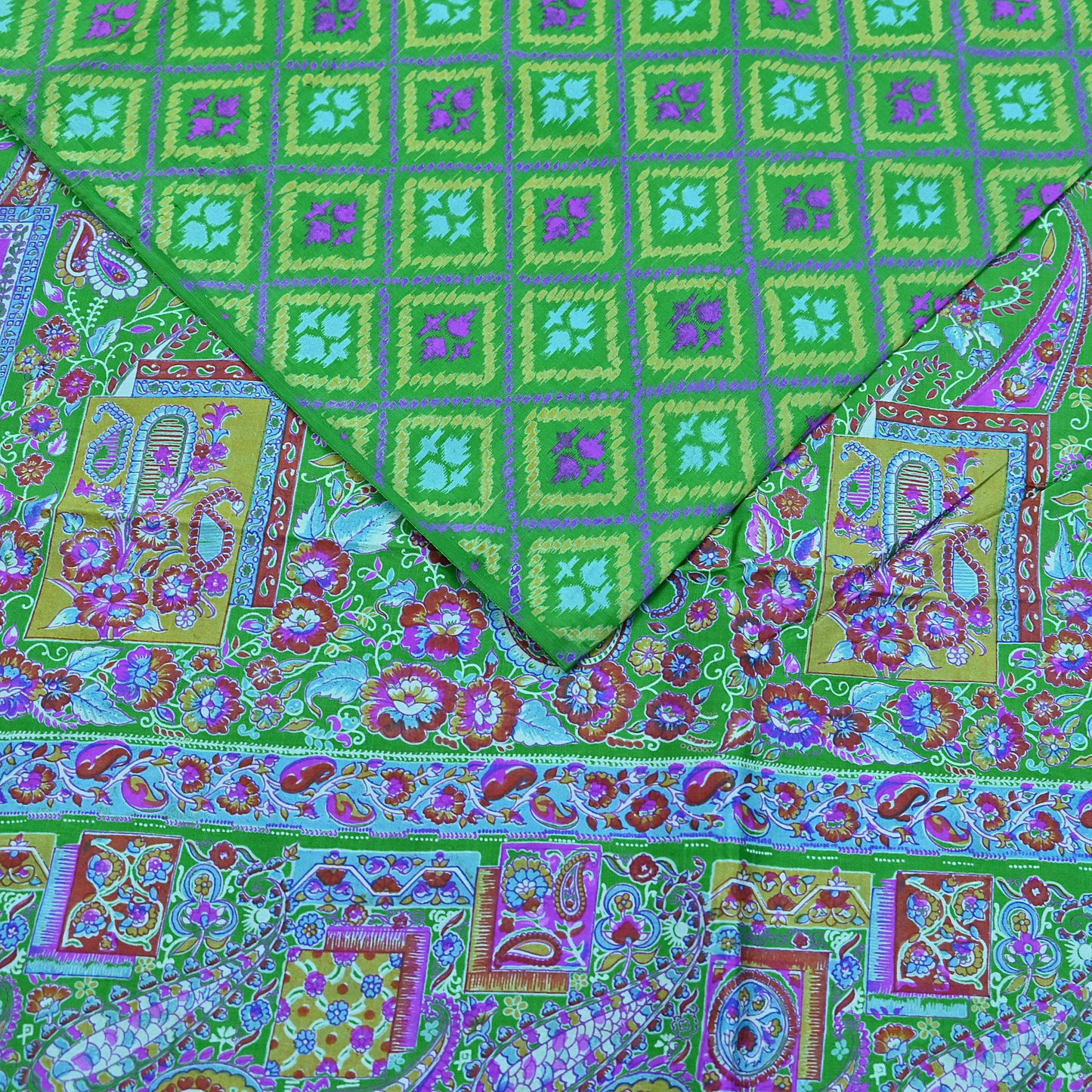 Indian Vintage Sari Green 100% Pure Silk Printed Sarees 5yd Craft Fabric Sewing Soft Dress Making Floral Quilting Crafting Upcycle