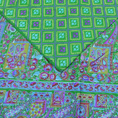 Indian Vintage Sari Green 100% Pure Silk Printed Sarees 5yd Craft Fabric Sewing Soft Dress Making Floral Quilting Crafting Upcycle