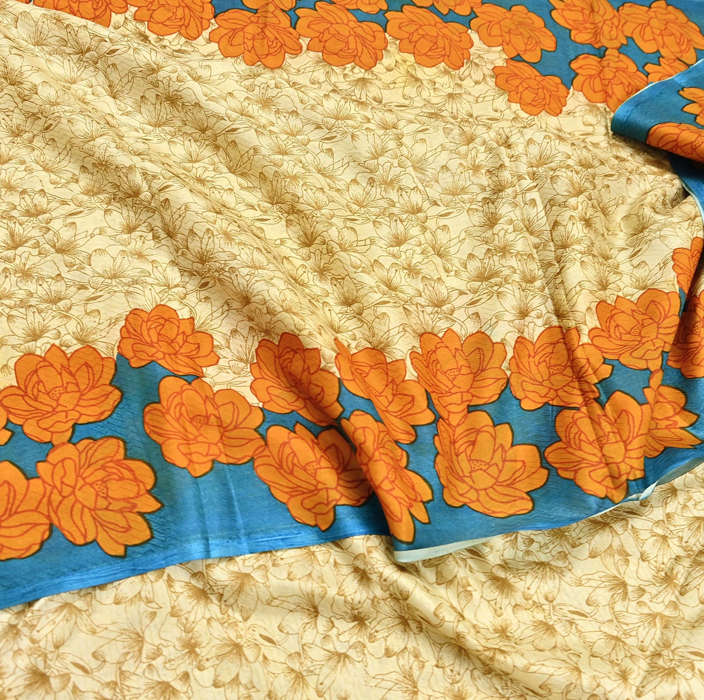 Indian Vintage Sari Beige 100% Pure Silk Printed Sarees 5yd Craft Fabric Sewing Soft Dress Making Floral Quilting Crafting Upcycle