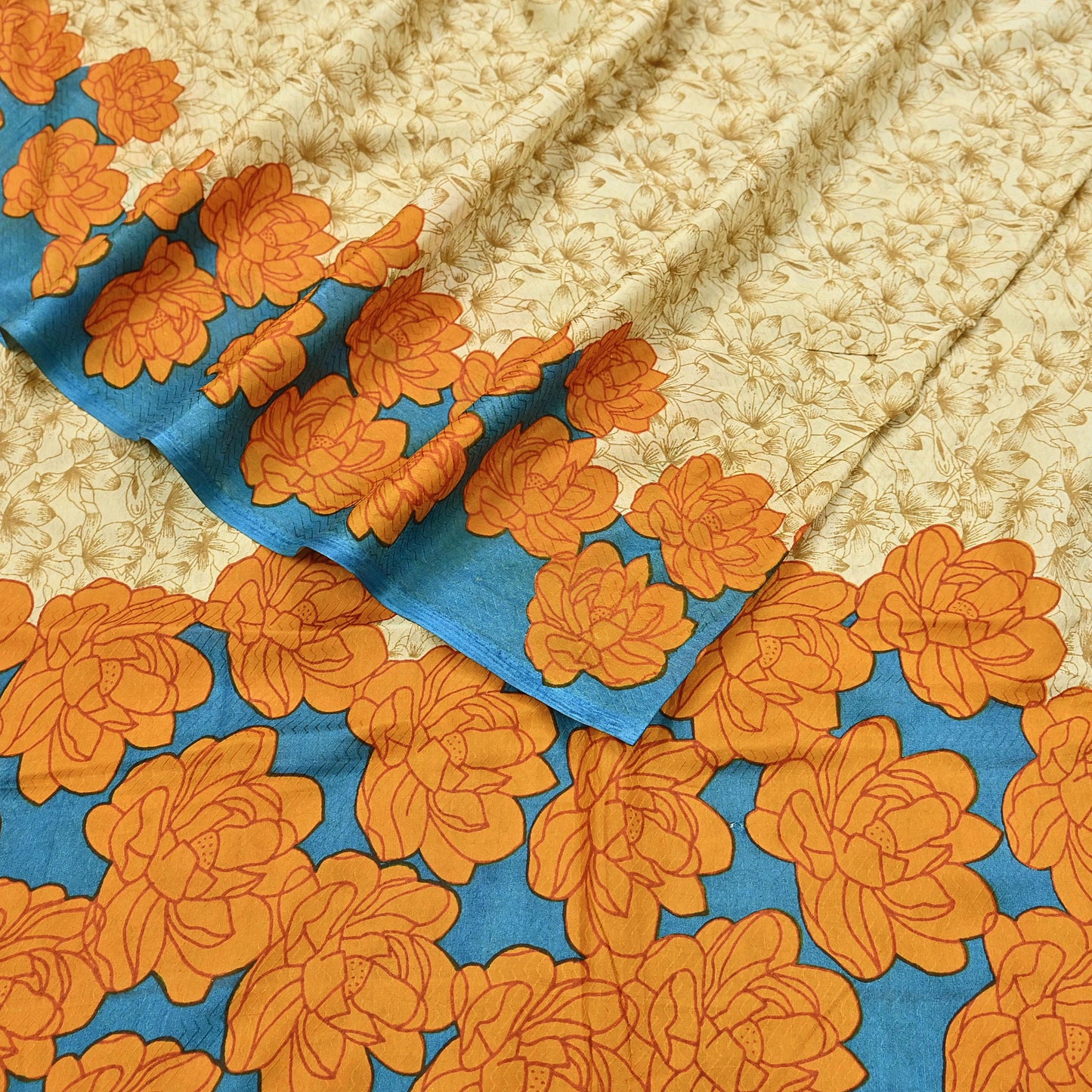 Indian Vintage Sari Beige 100% Pure Silk Printed Sarees 5yd Craft Fabric Sewing Soft Dress Making Floral Quilting Crafting Upcycle