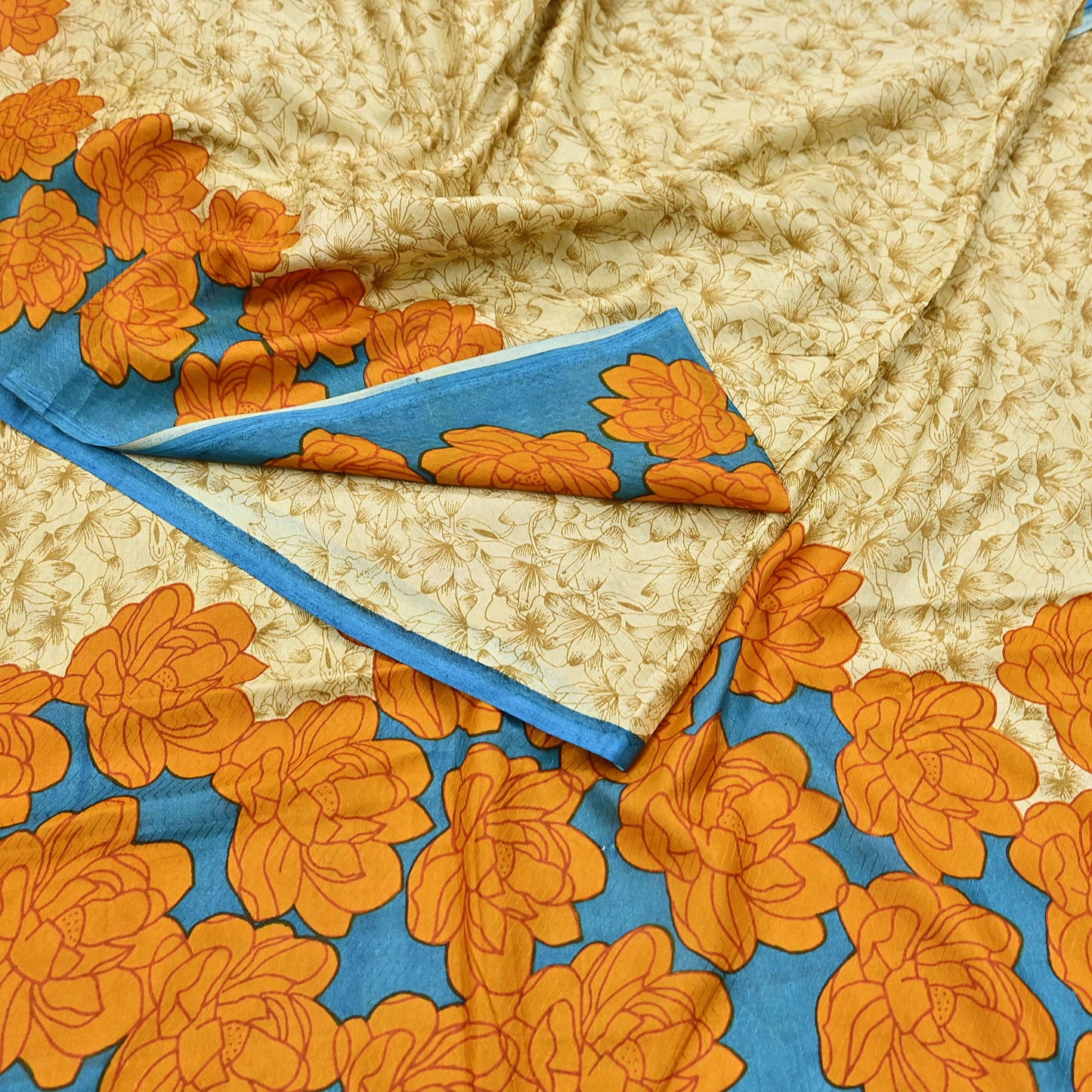 Indian Vintage Sari Beige 100% Pure Silk Printed Sarees 5yd Craft Fabric Sewing Soft Dress Making Floral Quilting Crafting Upcycle