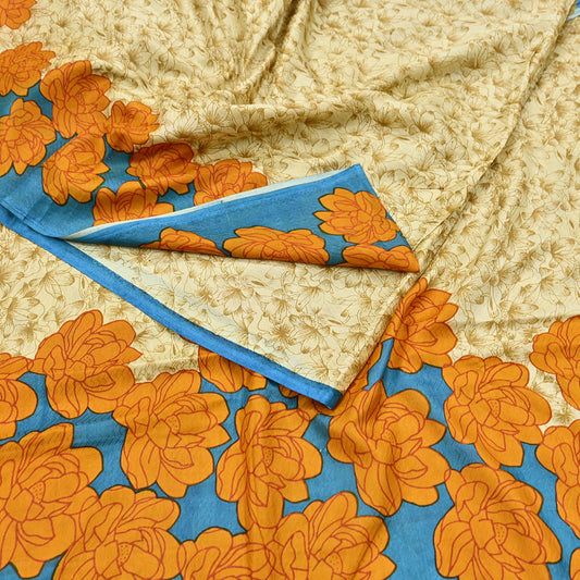 Indian Vintage Sari Beige 100% Pure Silk Printed Sarees 5yd Craft Fabric Sewing Soft Dress Making Floral Quilting Crafting Upcycle