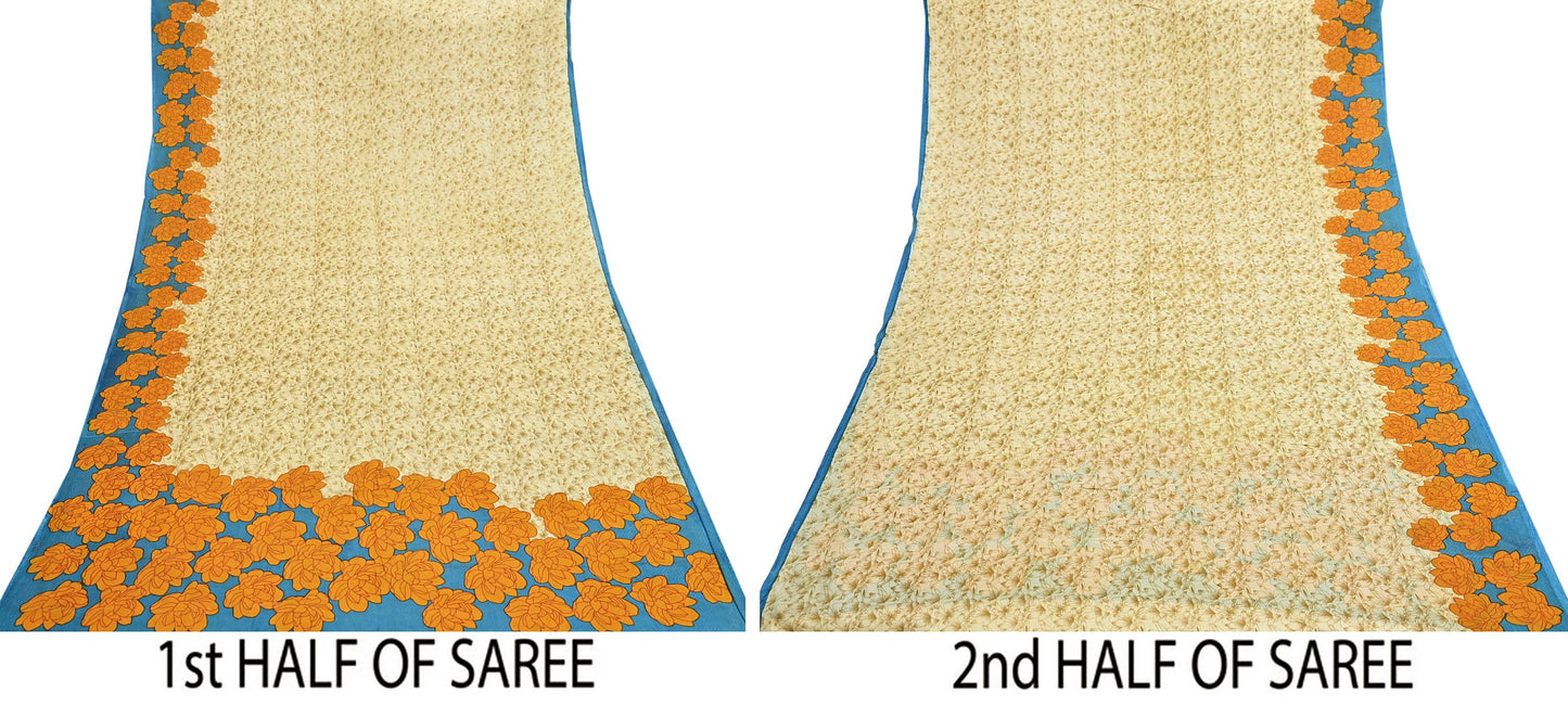 Indian Vintage Sari Beige 100% Pure Silk Printed Sarees 5yd Craft Fabric Sewing Soft Dress Making Floral Quilting Crafting Upcycle