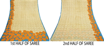 Indian Vintage Sari Beige 100% Pure Silk Printed Sarees 5yd Craft Fabric Sewing Soft Dress Making Floral Quilting Crafting Upcycle
