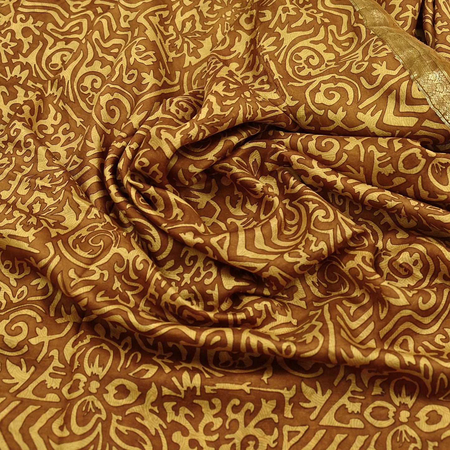 Indian Vintage Sari Brown & Yellow 100% Pure Silk Printed Saree Craft Fabric 5yd Sewing Dress Making Soft Wrap Quilting Crafting Upcycle