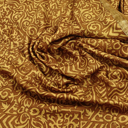Indian Vintage Sari Brown & Yellow 100% Pure Silk Printed Saree Craft Fabric 5yd Sewing Dress Making Soft Wrap Quilting Crafting Upcycle