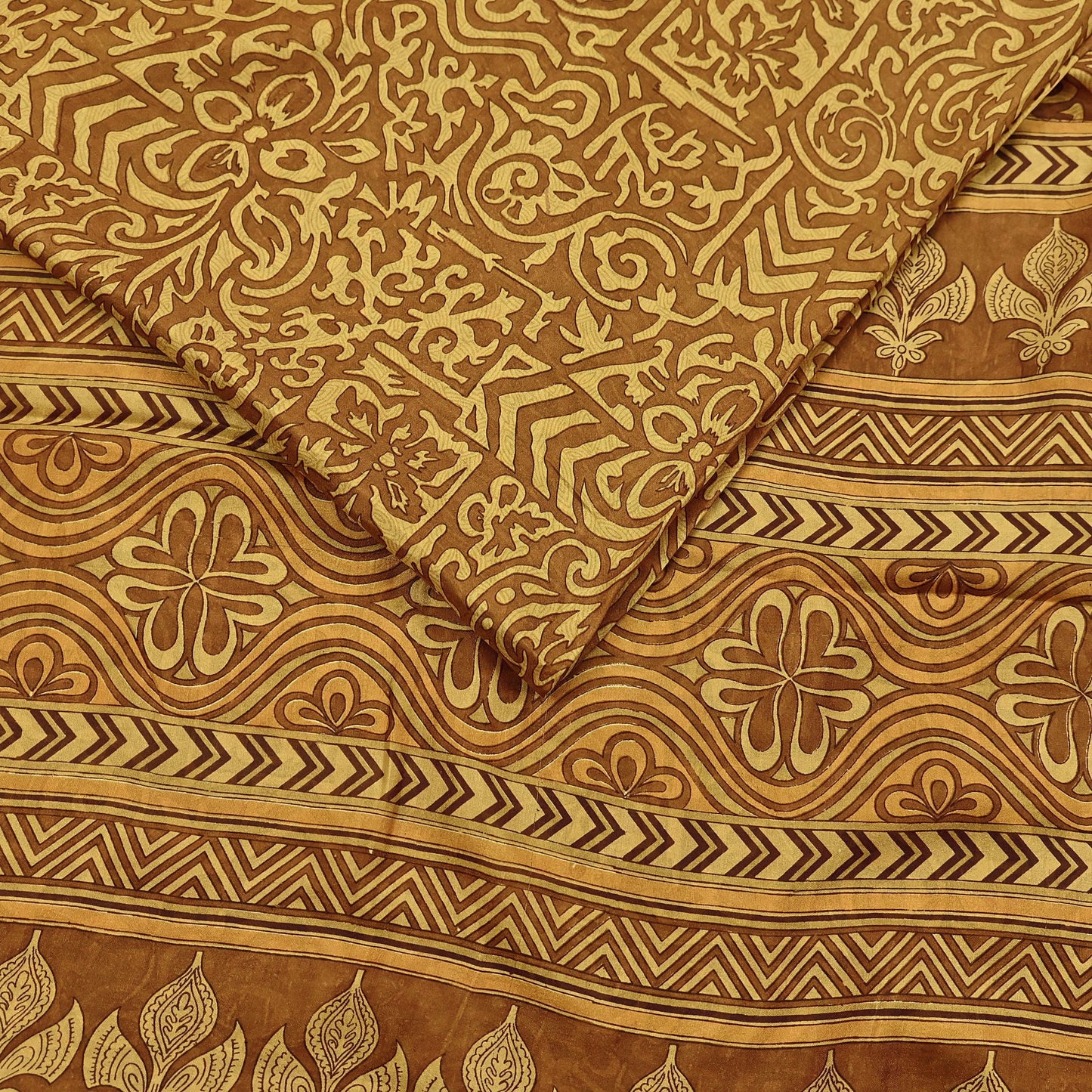 Indian Vintage Sari Brown & Yellow 100% Pure Silk Printed Saree Craft Fabric 5yd Sewing Dress Making Soft Wrap Quilting Crafting Upcycle