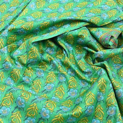 Indian Vintage Sari Green 100% Pure Silk Printed Sarees 5yd Craft Fabric Sewing Soft Dress Making Floral Quilting Crafting Upcycle