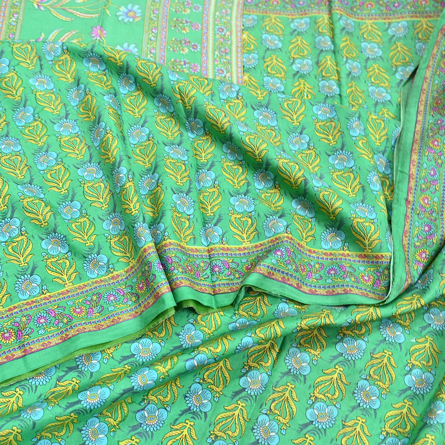 Indian Vintage Sari Green 100% Pure Silk Printed Sarees 5yd Craft Fabric Sewing Soft Dress Making Floral Quilting Crafting Upcycle