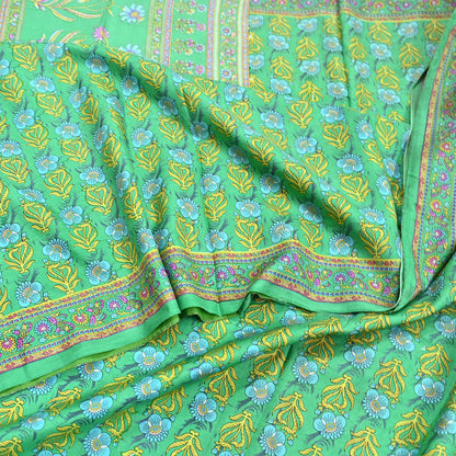 Indian Vintage Sari Green 100% Pure Silk Printed Sarees 5yd Craft Fabric Sewing Soft Dress Making Floral Quilting Crafting Upcycle
