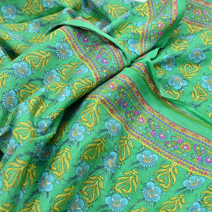 Indian Vintage Sari Green 100% Pure Silk Printed Sarees 5yd Craft Fabric Sewing Soft Dress Making Floral Quilting Crafting Upcycle