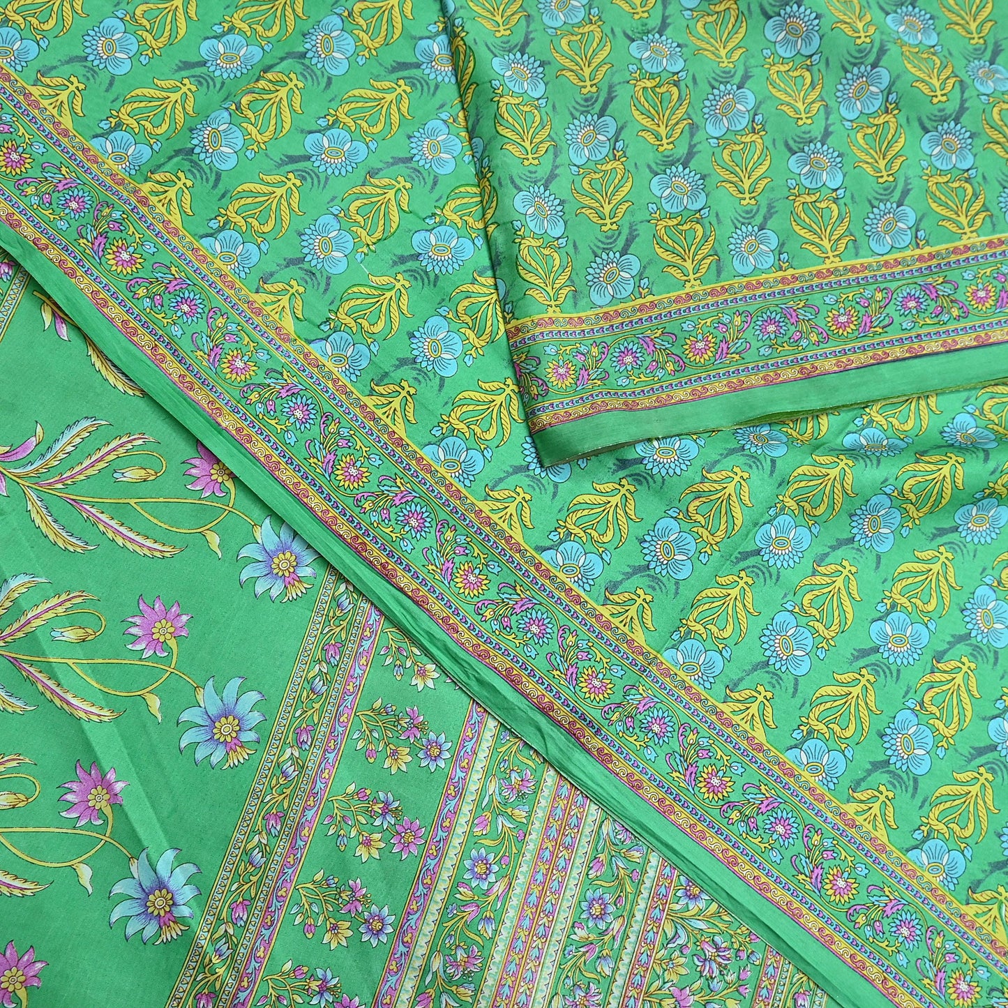 Indian Vintage Sari Green 100% Pure Silk Printed Sarees 5yd Craft Fabric Sewing Soft Dress Making Floral Quilting Crafting Upcycle