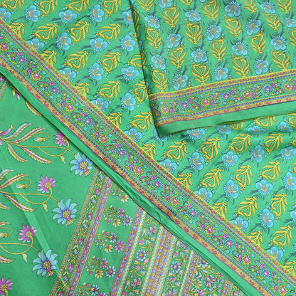 Indian Vintage Sari Green 100% Pure Silk Printed Sarees 5yd Craft Fabric Sewing Soft Dress Making Floral Quilting Crafting Upcycle