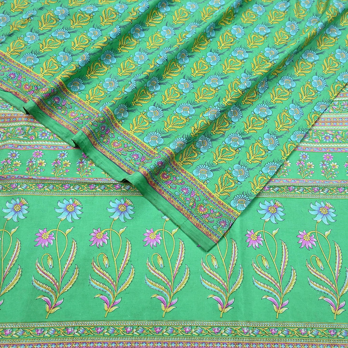 Indian Vintage Sari Green 100% Pure Silk Printed Sarees 5yd Craft Fabric Sewing Soft Dress Making Floral Quilting Crafting Upcycle