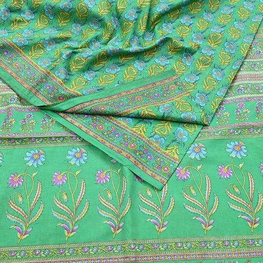 Indian Vintage Sari Green 100% Pure Silk Printed Sarees 5yd Craft Fabric Sewing Soft Dress Making Floral Quilting Crafting Upcycle