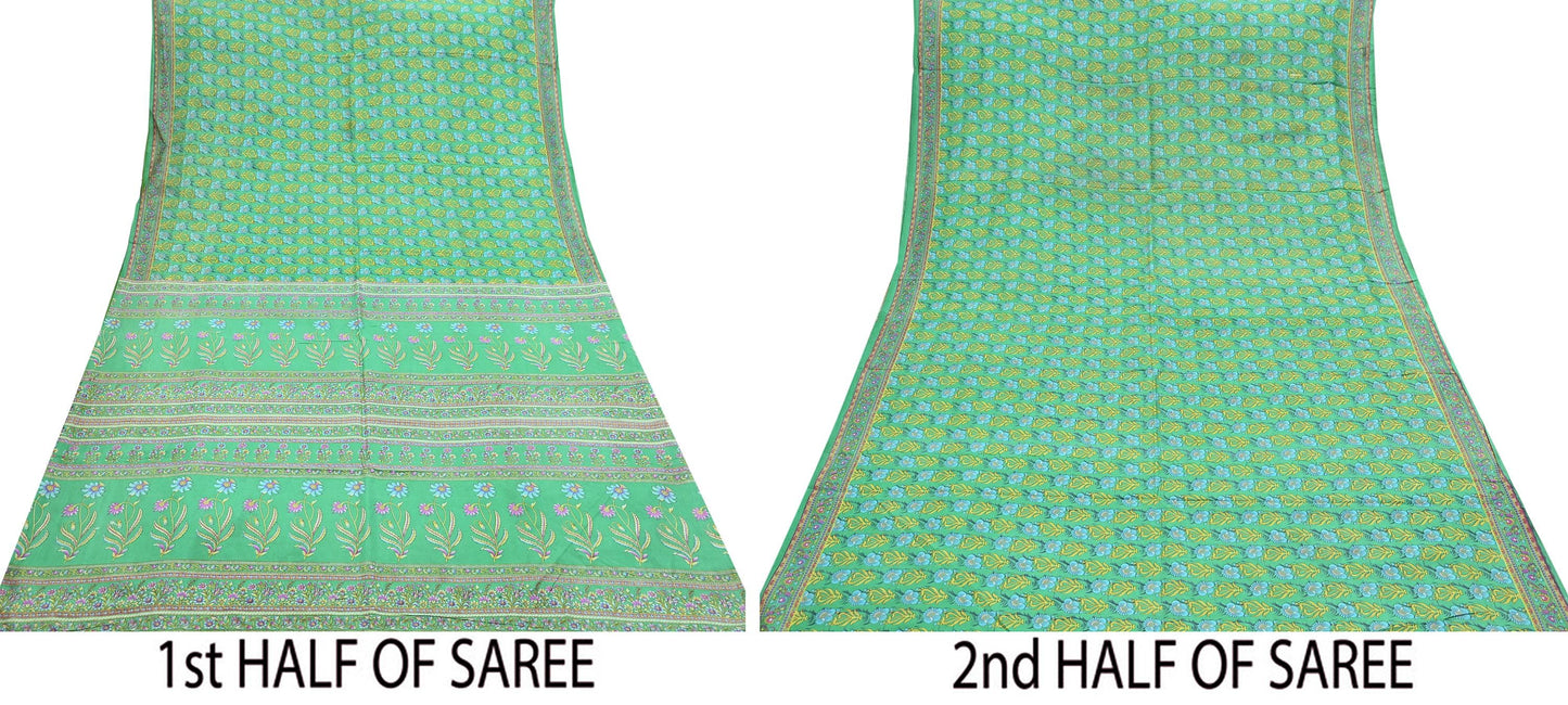Indian Vintage Sari Green 100% Pure Silk Printed Sarees 5yd Craft Fabric Sewing Soft Dress Making Floral Quilting Crafting Upcycle