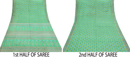 Indian Vintage Sari Green 100% Pure Silk Printed Sarees 5yd Craft Fabric Sewing Soft Dress Making Floral Quilting Crafting Upcycle