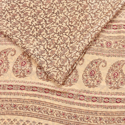Indian Vintage Sari Beige 100% Pure Silk Printed Sarees 6yd Craft Fabric Sewing Soft Dress Making Floral Quilting Crafting Upcycle