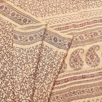Indian Vintage Sari Beige 100% Pure Silk Printed Sarees 6yd Craft Fabric Sewing Soft Dress Making Floral Quilting Crafting Upcycle