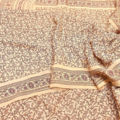 Indian Vintage Sari Beige 100% Pure Silk Printed Sarees 6yd Craft Fabric Sewing Soft Dress Making Floral Quilting Crafting Upcycle