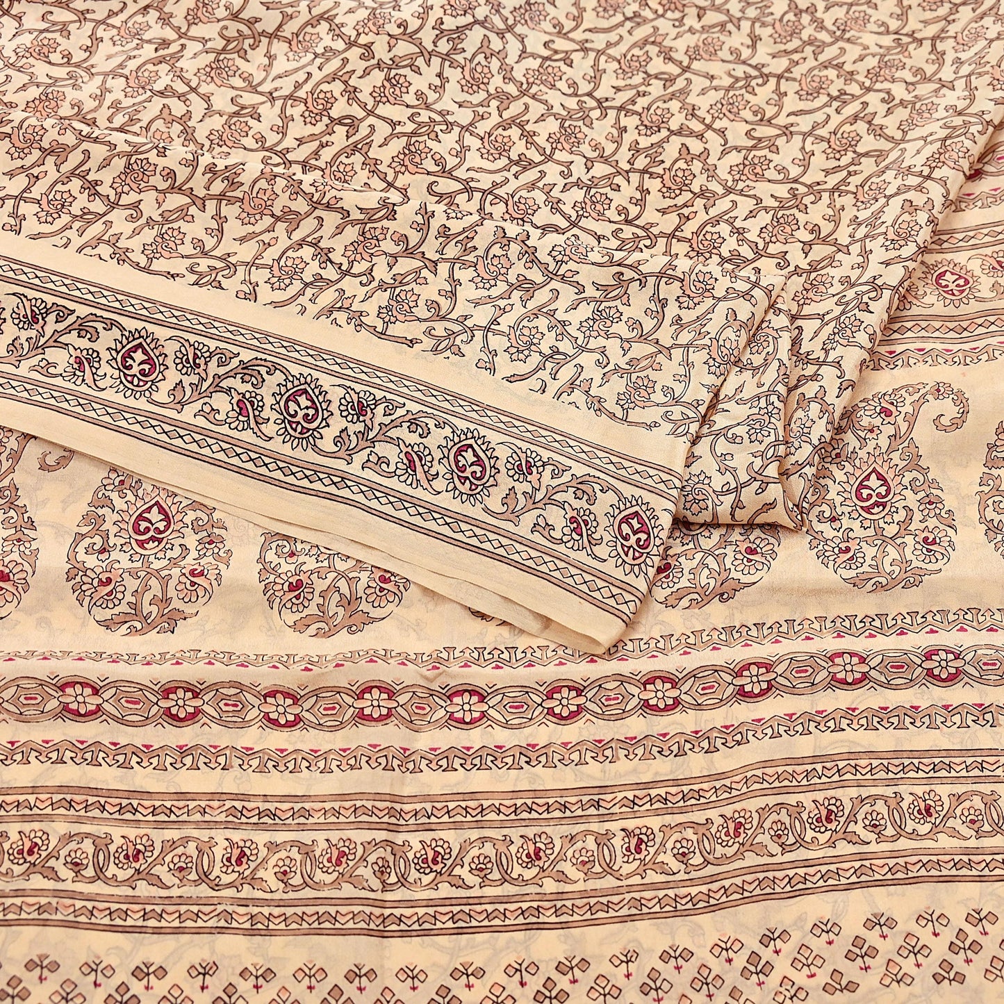 Indian Vintage Sari Beige 100% Pure Silk Printed Sarees 6yd Craft Fabric Sewing Soft Dress Making Floral Quilting Crafting Upcycle