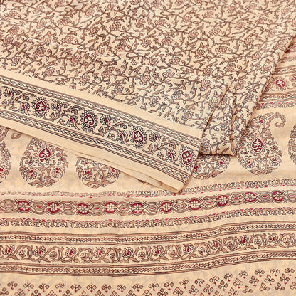 Indian Vintage Sari Beige 100% Pure Silk Printed Sarees 6yd Craft Fabric Sewing Soft Dress Making Floral Quilting Crafting Upcycle