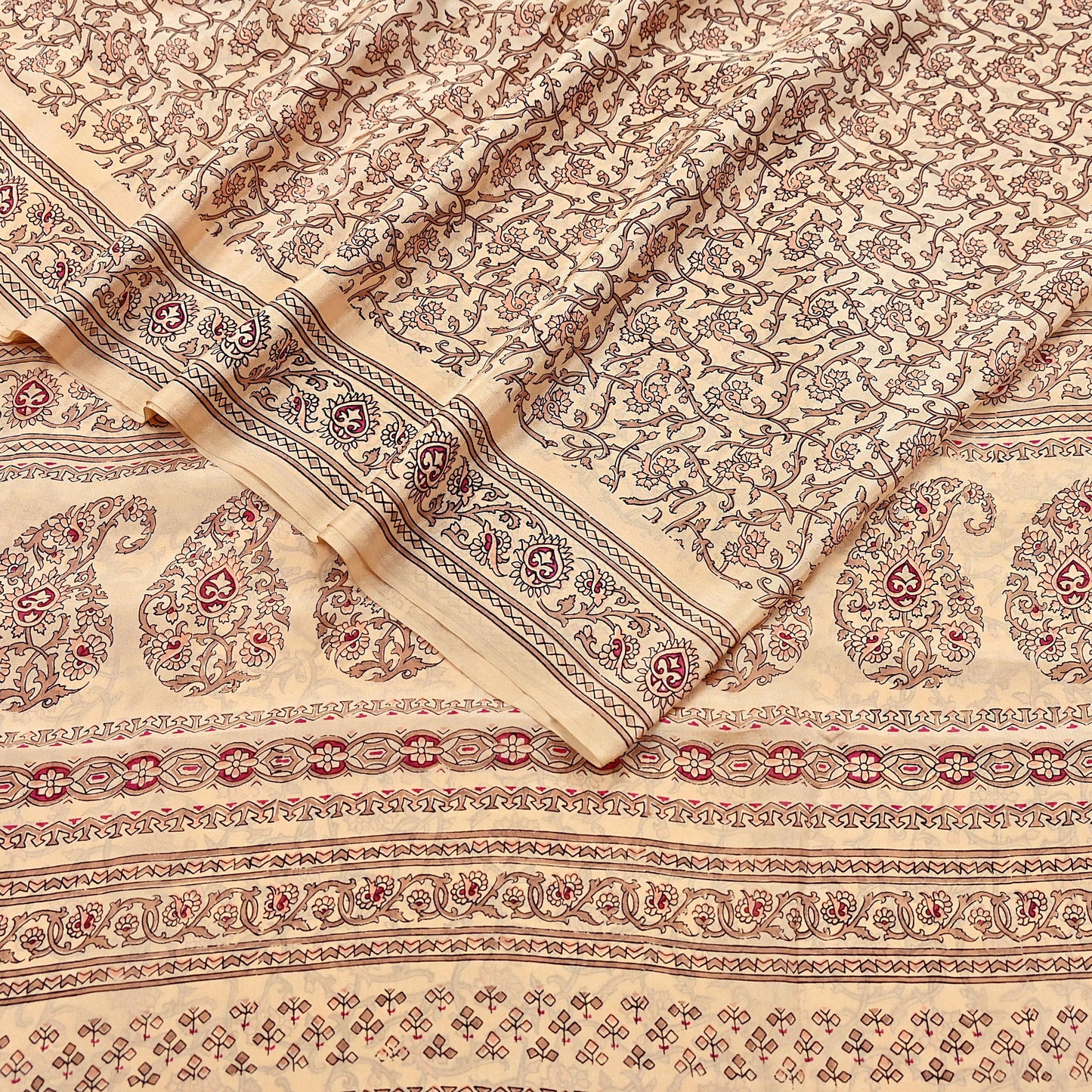 Indian Vintage Sari Beige 100% Pure Silk Printed Sarees 6yd Craft Fabric Sewing Soft Dress Making Floral Quilting Crafting Upcycle