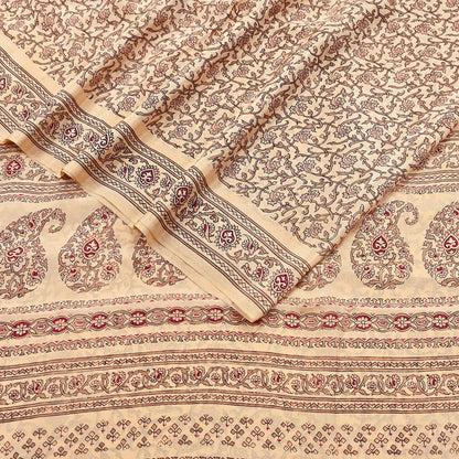 Indian Vintage Sari Beige 100% Pure Silk Printed Sarees 6yd Craft Fabric Sewing Soft Dress Making Floral Quilting Crafting Upcycle