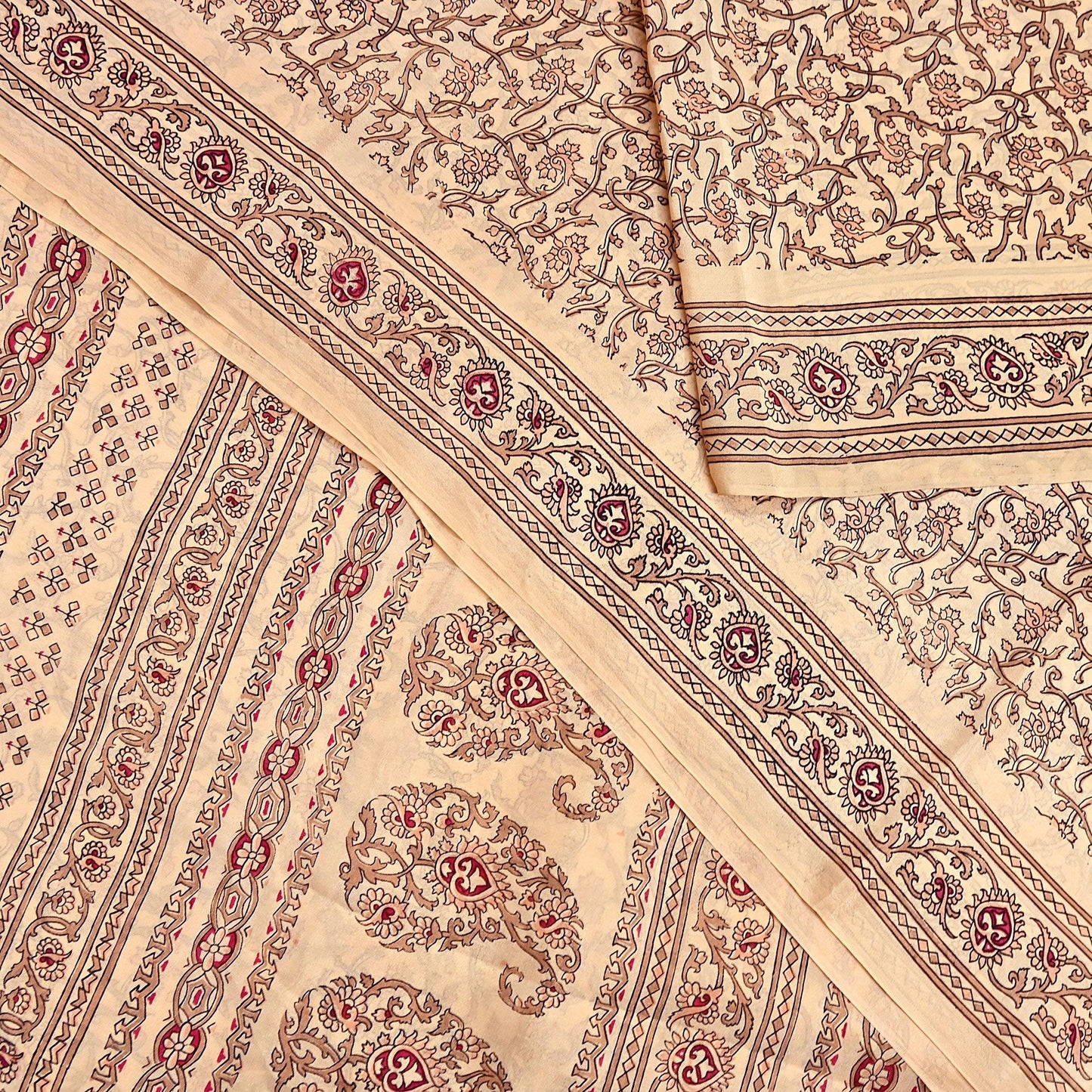 Indian Vintage Sari Beige 100% Pure Silk Printed Sarees 6yd Craft Fabric Sewing Soft Dress Making Floral Quilting Crafting Upcycle