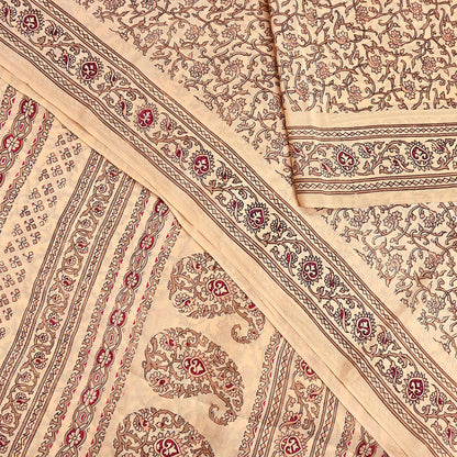 Indian Vintage Sari Beige 100% Pure Silk Printed Sarees 6yd Craft Fabric Sewing Soft Dress Making Floral Quilting Crafting Upcycle