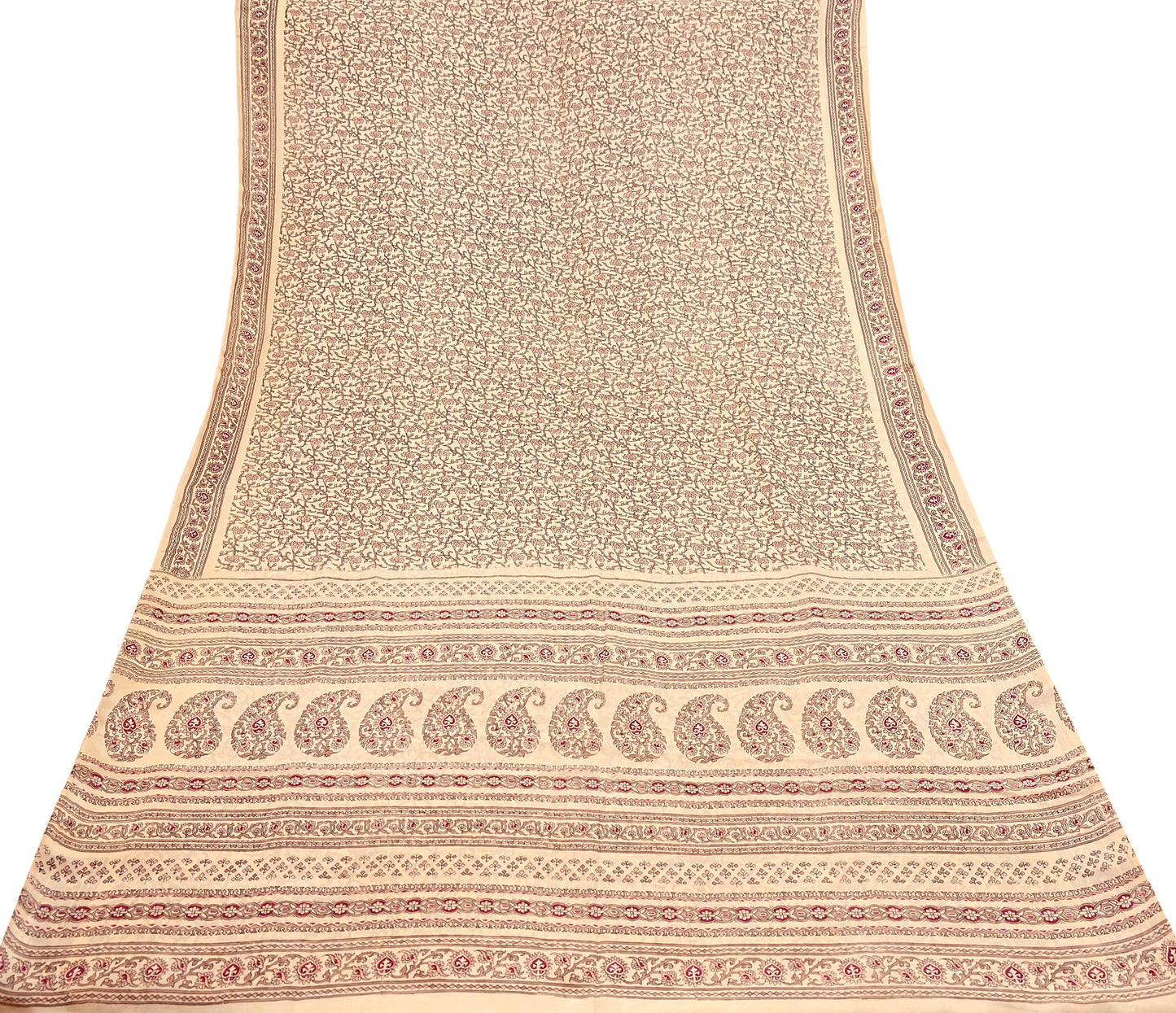 Indian Vintage Sari Beige 100% Pure Silk Printed Sarees 6yd Craft Fabric Sewing Soft Dress Making Floral Quilting Crafting Upcycle