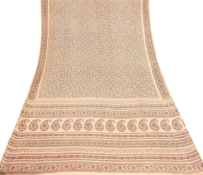 Indian Vintage Sari Beige 100% Pure Silk Printed Sarees 6yd Craft Fabric Sewing Soft Dress Making Floral Quilting Crafting Upcycle
