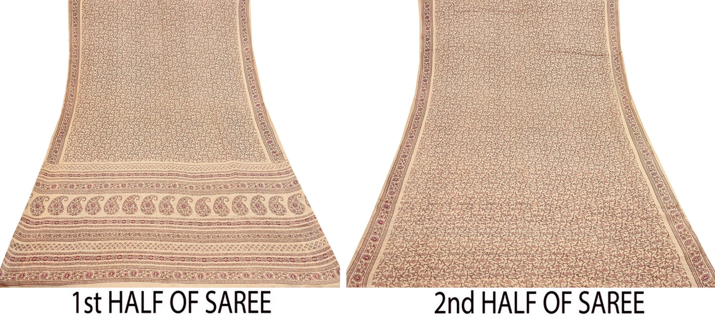 Indian Vintage Sari Beige 100% Pure Silk Printed Sarees 6yd Craft Fabric Sewing Soft Dress Making Floral Quilting Crafting Upcycle