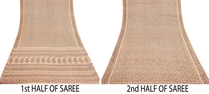 Indian Vintage Sari Beige 100% Pure Silk Printed Sarees 6yd Craft Fabric Sewing Soft Dress Making Floral Quilting Crafting Upcycle