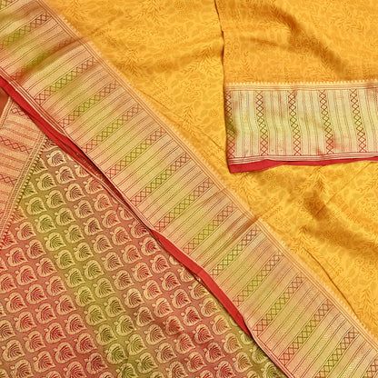 Indian Vintage Sari Yellow 100% Pure Silk Printed Sarees 5yd Sewing Craft Fabric Dress Making Soft Woven Border Upcycle Quilting